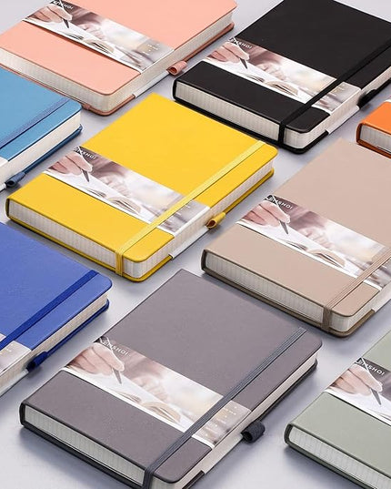 EMSHOI Lined Journaling Notebook - 120gsm Leather Journal with Sticky Notes & 256 Numbered Pages, A5 Hardcover College Ruled Notebook for Work, School, Writing, 5.75”x8.38” - Khaki