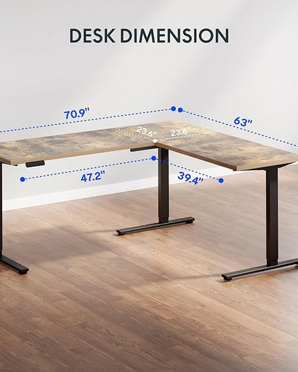 FLEXISPOT L Shaped Standing Desk, 71 x 63 Inch Electric Height Adjustable Corner Desk, Sit Stand Computer Workstation, Preset Controller, Home Office, Black Frame with Rustic Brown Top, Black Drawer