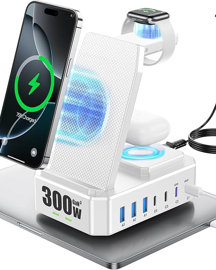 300W Charging Station for Multiple Devices Apple, Zutspzss 10 in 1 Wireless Charger for iPhone 17, GaN III USB C 65W PD Fast Charging Stand Dock for MacBook, Apple Watch&Airpods,White