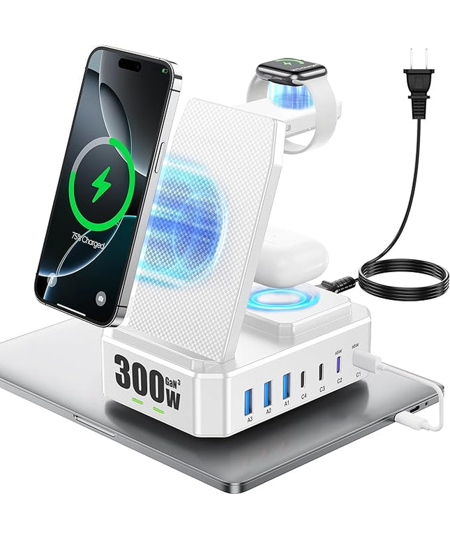 300W Charging Station for Multiple Devices Apple, Zutspzss 10 in 1 Wireless Charger for iPhone 17, GaN III USB C 65W PD Fast Charging Stand Dock for MacBook, Apple Watch&Airpods,White