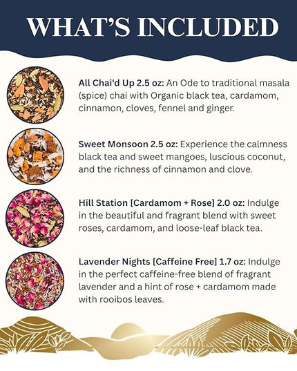 The Chai Box Ultimate Tea Lover's Gift Set - Featured in Oprah's Favorite Things | Caffeinated and Caffeine Free Loose-Leaf Tea Gift Box (Pack of 4) 10 oz | Small Batch Assorted Tea Sampler with Whole, Premium Spices
