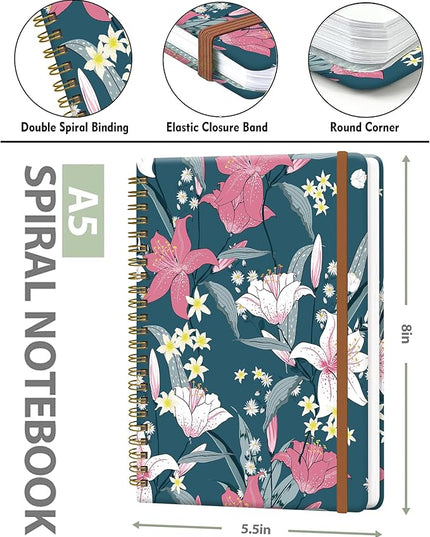 Spiral Journal Notebook for Women, Hardcover A5 College Ruled Notebook, 120 Pages, Thick Paper, Cute Lined Journal for School, Office & Work, 6 x 8.4 in(Cute Flower)