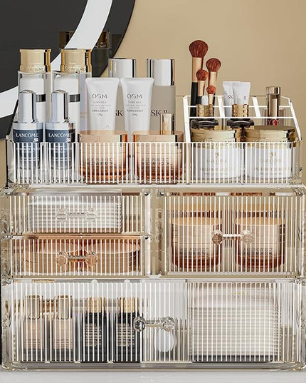 ZHIAI Stackable Storage Drawer, Acrylic Organizer, Cosmetic Organizer for Dresser, Vanity, Kitchen Cabinet, Bathroom, Under Sink, Home Organization and Storage (1 Top 3 Drawers)