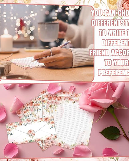 TaoBary 160 Pcs Stationery Paper Set 50 Double Sided Stationery Papers with 50 Matching Envelopes and 60 Round Dot Sticker, 10 Design(Floral,8.5 x 11 Inch)
