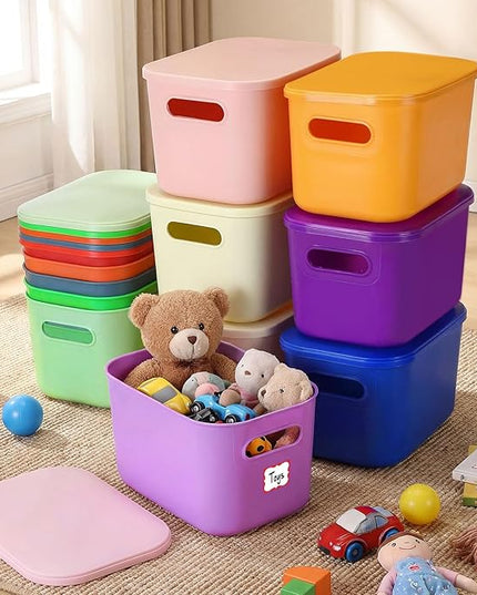 Thyle 12 Pack 7 Quarts Plastic Storage Bins for Christmas Storage with Lids Handles Colorful Stackable Desktop Box Bins with Label for Shelf Drawer,10 x 7 x 6 Inch (Vivid Color)