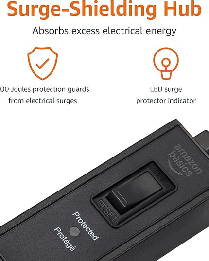 Amazon Basics Surge Protector Power Strip, 9-Outlet, Heavy Duty, Metal, 600 Joules, 6ft Extension Cord, Mountable, Wide Spaced, Black
