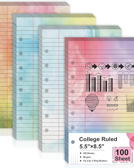 100 Sheet 5.5" x 8.5" Colored Loose Leaf Paper Half Letter Lined Paper 7 hole punched Wide Ruled Paper Refills College Ruled Notebook Paper Watercolor 80GSM For 3 Or 7 Ring Binders