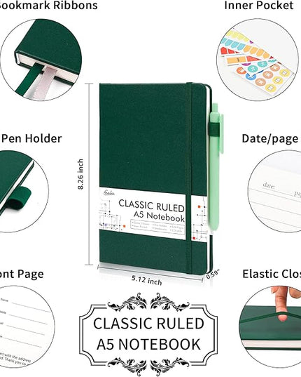 feela 3 Pack Notebooks Journals Bulk with 3 Black Pens, A5 Hardcover Notebook Classic Ruled Lined Journal Set with Pen Holder for Work Business Journaling Note Taking, 120 GSM, 5.1”x8.3”, Dark Green