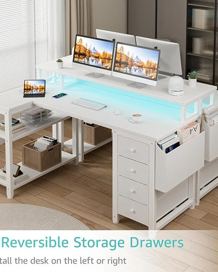 Lufeiya L Shaped Desk with Led Lights and Power Outlets, 47 Inch Writing Study Computer Gaming Desks with Fabric Drawers for Bedroom, Home Office Corner Desk with Monitor Stand Shelves, White