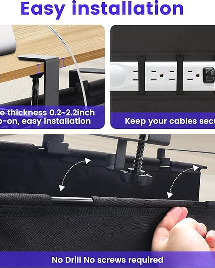 Under Desk Cable Management Tray, Clamp-On Cord Organizer，No Drilling Required, Holds Up to 22 lbs, for Cords, Routers, Power Strips (Black, 28.4inch)