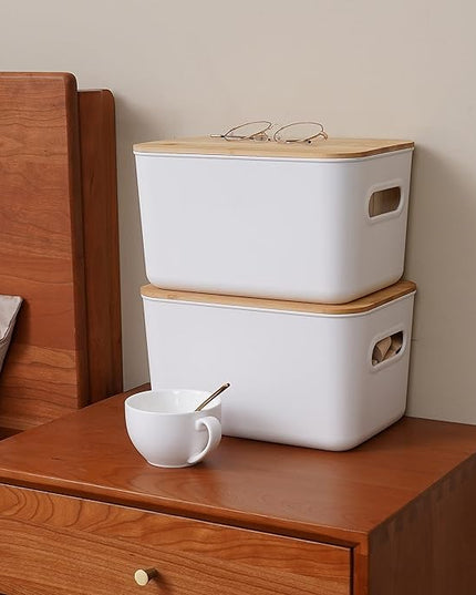Citylife 4 PCS Storage Bins with Bamboo Lids Plastic Storage Containers for Organizing Stackable Storage Box with Handle, 10.23 x 7.08 x 6.3 inch