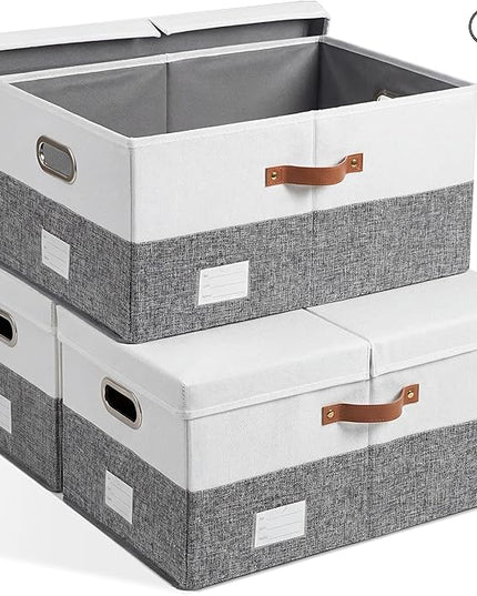 PRANDOM Storage Bins with Lids [3-Pack] Linen Fabric Foldable Storage Boxes Organizer Containers Baskets Cube with Cover Grey&White (23.4X15.9X11.4)