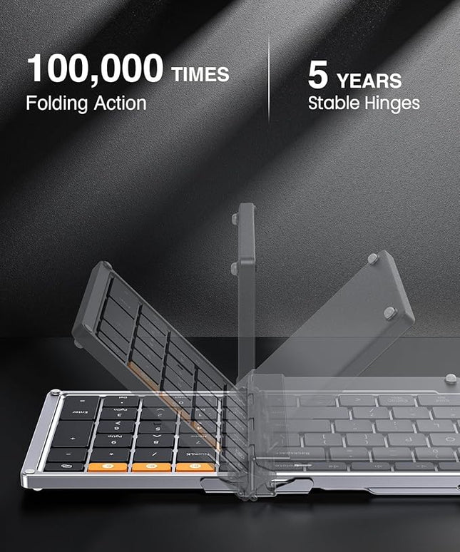 ProtoArc Foldable Bluetooth Keyboard, XK01 Full-Size Portable Keyboard for Travel, 105 Keys, 0.65" Keycaps, Multi-Device Sync for iPad Tablet Smartphone Laptop PC Windows iOS Android, Black Silver