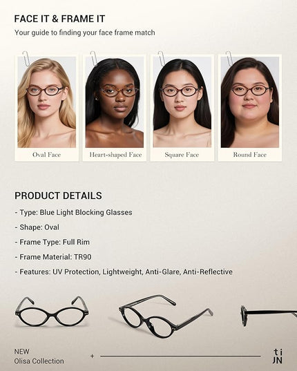 TIJN Olisa Blue Light Blocking Glasses for Women Men,Oval Glasses Frame Bluelight Glasses for Gaming/Computer/Screen