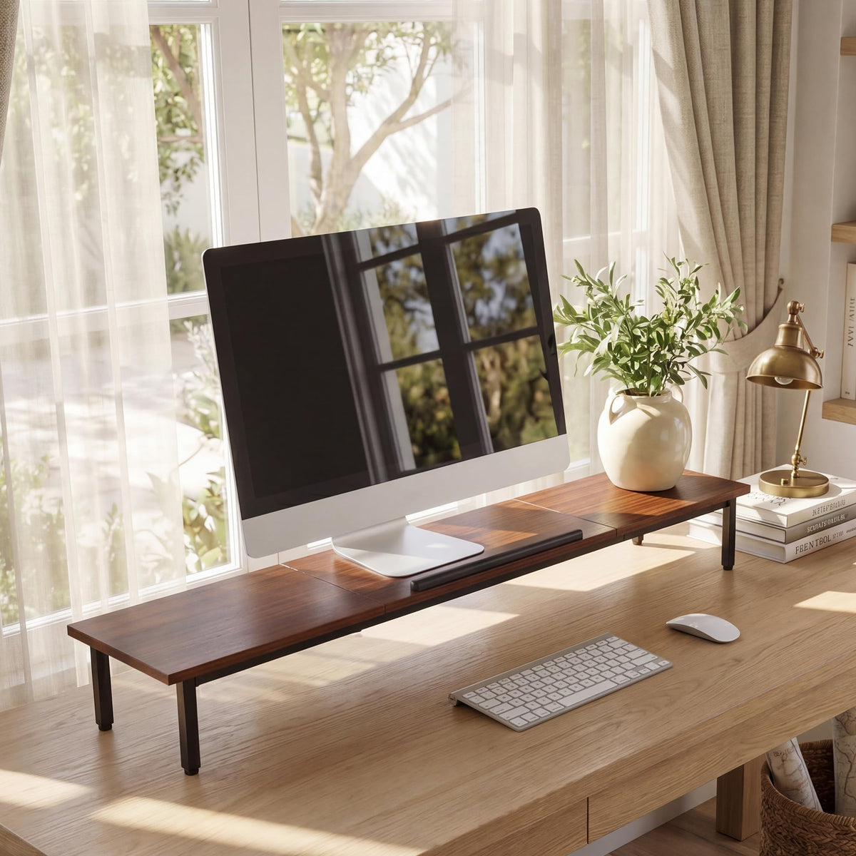 Dual Monitor Stand, 2-in-1 Adjustable Laptop Desk, Large Desktop Computer Monitor Riser For 2 Screens, Monitor Riser, Wood and Steel Multi-Purpose Desktop Storage Stand for Computer, Laptop, Screen, Printer, TV