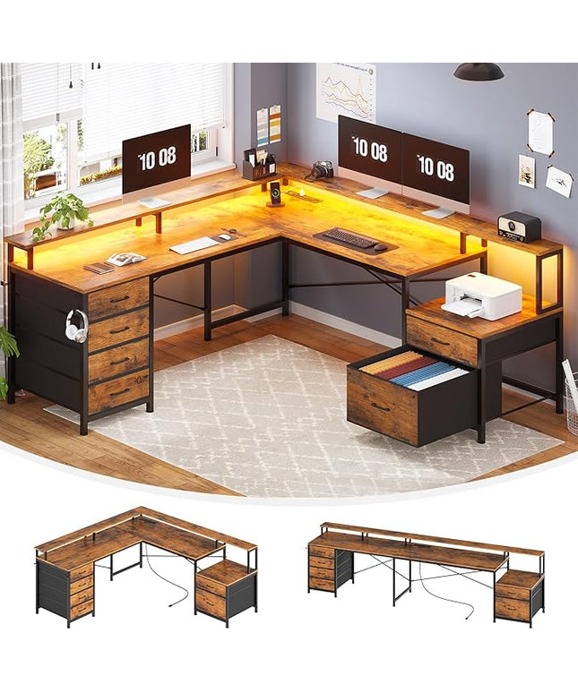 SEDETA L Shaped Desk with 6 Drawer, 108" Home Office Desk with File Drawer & Power Outlet, Corner Computer Desk with Monitor Shelf, Two Person Desk, Gaming Desk with Led Lights, Rustic Brown