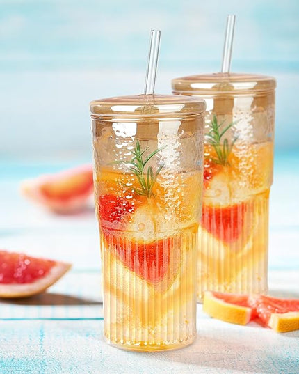 Joeyan 22 oz Amber Glass Tumbler with Straw and Lid for Iced Tea Coffee Smoothie Water Juice Beverages Soda,Ribbed Glasses Cups,Borosilicate Drinking Jar,Set of 2,Dishwasher Safe