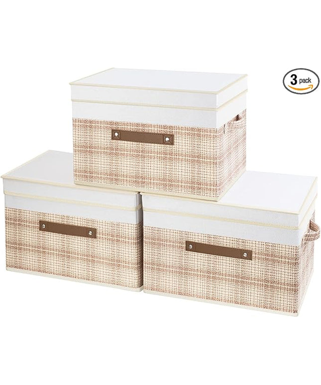 TYEERS Collapsible Storage Bins with Lids, Patchwork Design, Washable, Fabric Storage Boxes, 14.9x9.8x9.8 inches, 3 Pack, Camel Tan