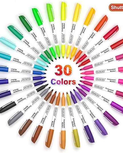Shuttle Art 30 Colors Permanent Markers, Fine Point, Assorted Colors, Works on Plastic,Wood,Stone,Metal and Glass for Kids Adult Coloring Doodling Marking