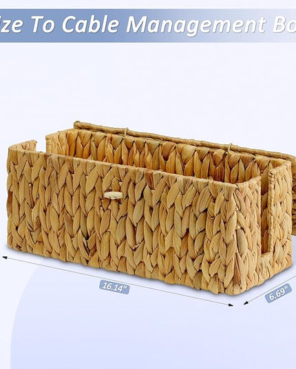 efluky Hand-Woven Cable Management Box with Lid, Water Hyacinth Cord Organizer Box to USB Wire, Power Strip & Charger, 2 Open Slots Cable Box for TV Table, Office Desk & Floor, Natural