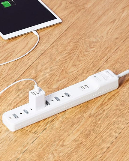 Amazon Basics Power Strip Surge Protector with 6 Outlets, 2 USB Ports, 1000 Joule Protection, 6-Foot Extension Cord, White