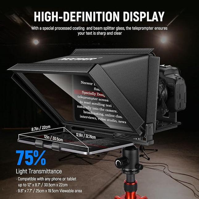 NEEWER X12 Aluminum Teleprompter with RT-110 Remote Control (Connected via Bluetooth on NEEWER Teleprompter App) & Carry Case, Compatible with iPad, iOS/Android Tablets, Smartphones, DSLRs (Black)