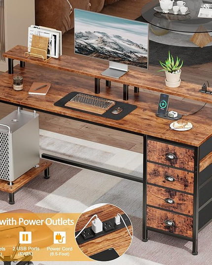 Furologee 55 Inch Computer Desk Gaming with 4 Fabric Drawers with Power Outlets and LED Lights for Home Office with Full Monitor Stand and Shelf Study Table for Small Spaces Rustic Brown