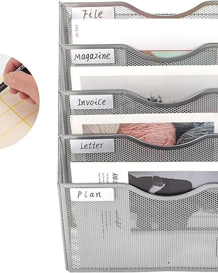 EasyPAG Hanging Wall File Organizer, 5 Pocket Wall Mounted Mail Organizer, Vertical Document Folder Holder with Nametag Label, Space Saving Paper Storage Magazine Rack for Office Home School, Silver