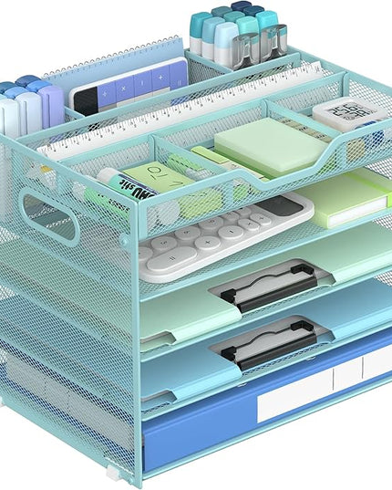 Docnest 5 Tier Mesh Desk Organizer- Letter Tray with Adjustable Compartments, Mesh Desktop Storage Built in Pen Holder and Handles, Desk Organizer Tray for Mail Documents Office Supplies-Blue