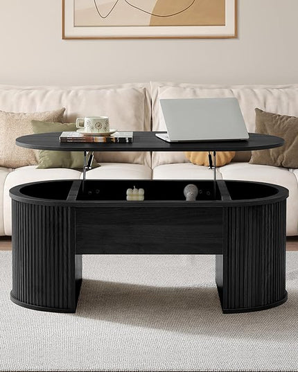 QHITTY Fluted Coffee Table with Lifting Top, Oval Wood Lift Top Coffee Table with Hidden Compartment, Mid Century Pull up Center Tables for Living Room, Office - Black