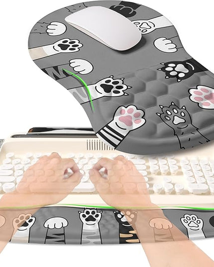 2-in-1 Ergonomic Set, Wave Rise Keyboard Wrist Rest and Massage Bulge Slope Mouse Pad Wrist Support, Cushion Memory Foam Integrated to Relieve Wrist Pain, Cute Cat Paws