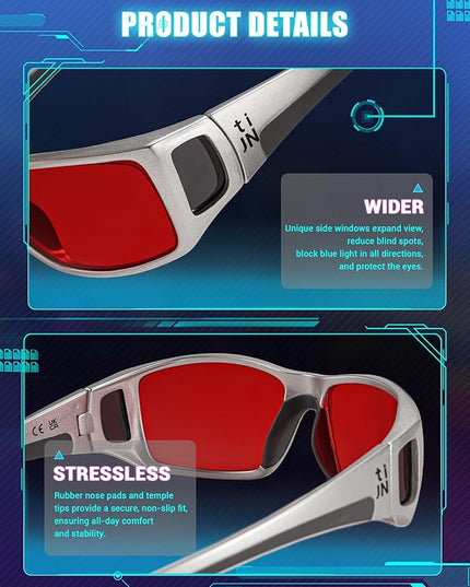 TIJN Sonia Sleep Glasses for Blue & Green Light Blocking,Red Lens with Dual AR Coating,Wraparound Frame for Gaming Screen