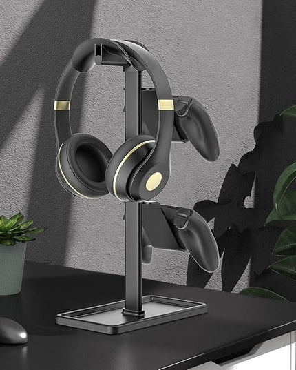SHUOSUO Controller Holder, Headphone Stand, Gaming Controller Stand for Xbox PS5 PS4 Switch, Headset Holder with Storage Organizer, Universal Desk Game Accessories (Black)