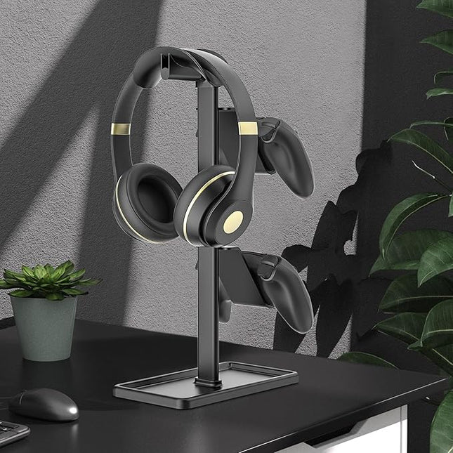 SHUOSUO Controller Holder, Headphone Stand, Gaming Controller Stand for Xbox PS5 PS4 Switch, Headset Holder with Storage Organizer, Universal Desk Game Accessories (Black)