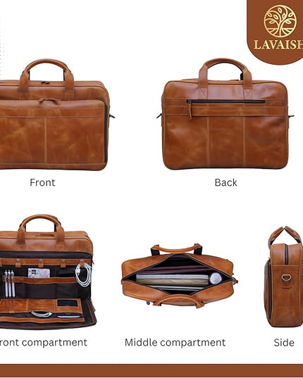 LAVAISH Handmade Full-Grain Leather Briefcase for Men & Women–17" Laptop Bag with Computer Compartment Office Satchel Bag