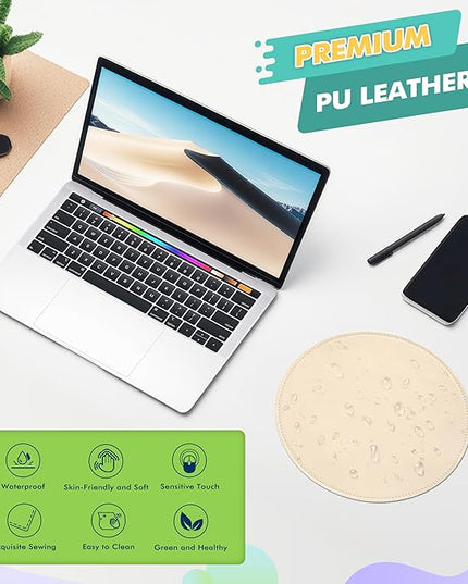 Mouse Pad，Round Mouse Pad，PU Mouse Pad，Leather Mouse Pad with Stitched Edge Micro-Fiber Base with Non-Slip Waterproof，Mouse Pad for Computers，Laptop，9 x 9 Inch (Milky White)