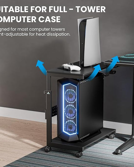 EUREKA ERGONOMIC PC Stand Computer Cart, Height Adjustable Tower Stand 2-Tier Suit for ATX Case Printer, Metal Rolling Cart on Wheels for Gaming Home Office, Carbon Fiber