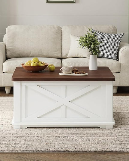 Airynee Farmhouse Coffee Table with Hydraulic Lifter, Square Coffee Table with Large Hidden Storage Compartment for Living Room, Wooden Coffee Tables with Brown Flip-Top Lids for Home Office, White