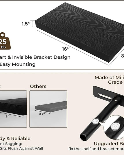 RICHFOCUS 16Inch Floating Shelves for Wall 2 Pack Shelves for Bedroom|Kitchen|Bathroom Wall Mounted Rustic Wood Floating Shelf with Invisible Brackets for Books|Storage|Decor, Black