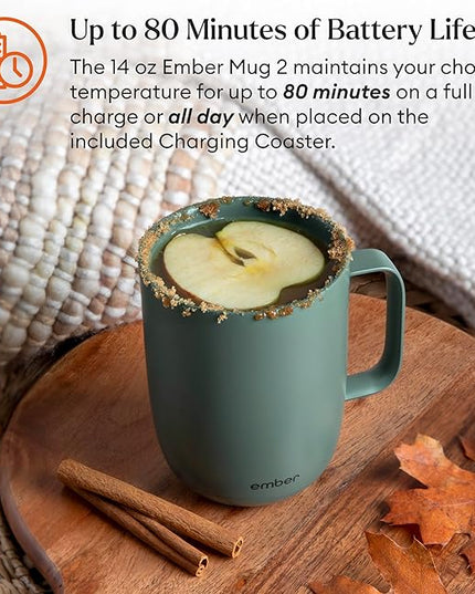 Ember Temperature Control 14oz Smart Mug 2, App-Controlled and Rechargeable Heated Coffee Cup Warmer with Intelligent LED Display, Sage Green.