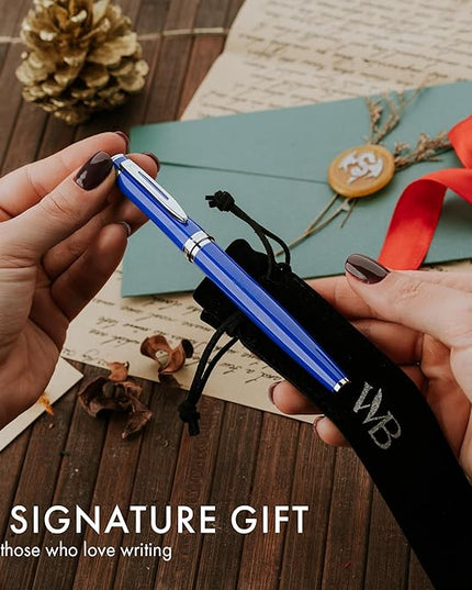 Wordsworth & Black Fountain Pen Set, Medium Nib, Includes 24 Pack Ink Cartridges, Ink Refill Converter & Gift Pouch, Chrome Finish, Calligraphy, [Imperial Blue], Perfect for Men & Women