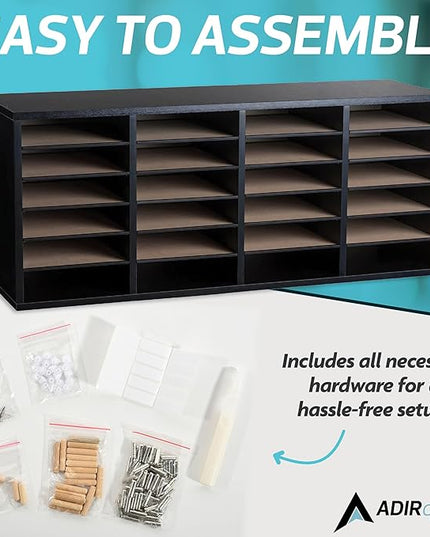 AdirOffice Wooden Adjustable Literature Organizer, 24 Compartment Office Mailbox, or Classroom Literature Organizer, Black