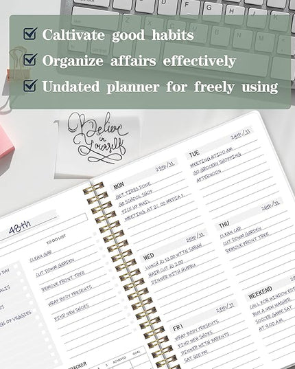 Undated Weekly Planner - Weekly Goals Notebook, A5 To Do List Planner, Habit Tracker Journal with Spiral Binding Floral Cover