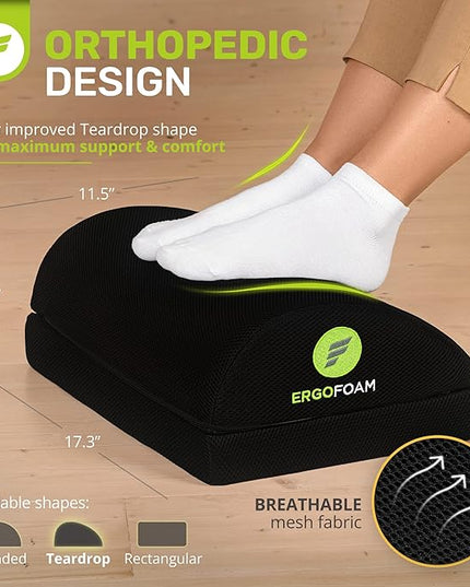 ErgoFoam Adjustable Foot Rest for Added Height - Mesh Orthopedic Teardrop Design - Large Premium Under Desk Foot Rest - Most Comfortable for Lumbar, Back, Knee Pain (Black)