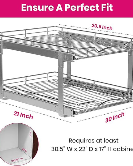 HOLDN’ STORAGE Two Tier Pull Out Cabinet Organizer, Individual Sliding Drawers - Heavy Duty Metal with Lifetime Limited Warranty - Anti Rust Chrome Finish - 30" W x 21”D x 16.5" H