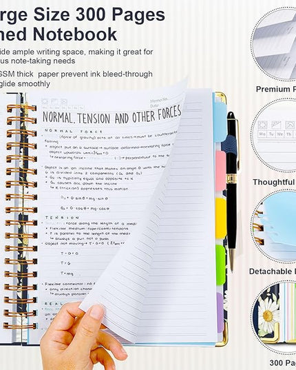 Spiral Journal Notebooks for Work, 300 Pages 5 Subject Notebook College Ruled with Dividers & Tabs, 8''x 10'' Large Notebook Journal for Women Students Note-Taking and Organizer (White Daisy)