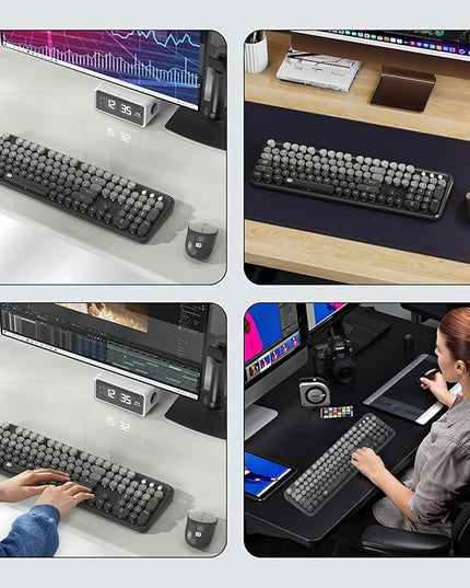 FOPETT Wireless Keyboard and Mouse Combo - Cute Colorful Mouse and Keyboard 2.4G Full-Sized with 104 Round Keys Retro Typewriter Keyboards for Laptop/Windows/PC - Grey Gradient