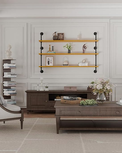 Industrial Pipe Shelving Shelf Rustic Wood Wall Shelves Industrial Floating Shelves for Wall 48 Inch Farmhouse Bookshelf Pipe Shelves Living Room Kitchen