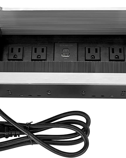 Embedded mesa Power Outlet Box, Table Power Multimedia Connectivity Box for Conference Study Room Home with 4 AC Outlet,USB-C Port Fast Charge 18W Length 4.9FT Power Cable (Brushed Silver)