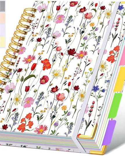 Hardcover Spiral Notebook Journal with Removable Dividers Tabs, 300 Pages Leather 5 Subject Notebook College Ruled, 8"x10" Large Notebooks for Work School Note taking, Journal for Women, Flower White